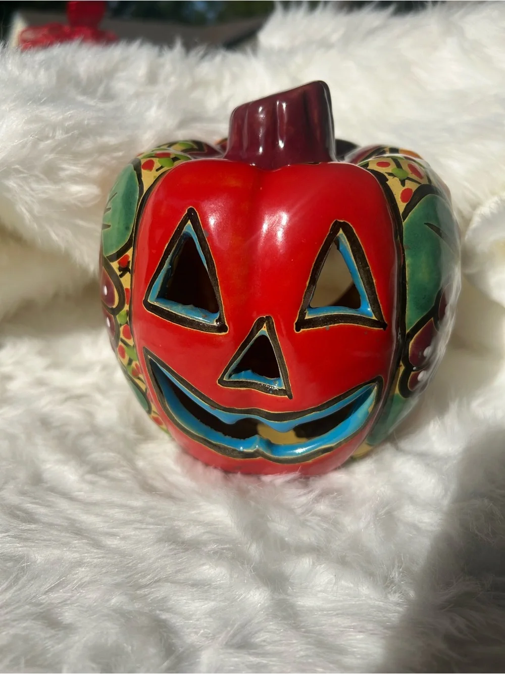 Talavera Ceramic Pumpkin Jack-O-Lantern Figurine Medium Hand Painted Mexico